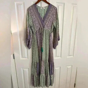 Bigg Bull by Cam Kimono Maxi Dess Green and Purple Metallic one size Silk blend